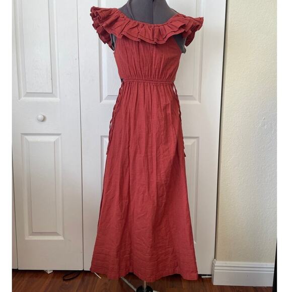 NWT Cleobella Daria Rust Off Shoulder Ruffle Cotton Linen Midi Dress • Size XS - Picture 3 of 3